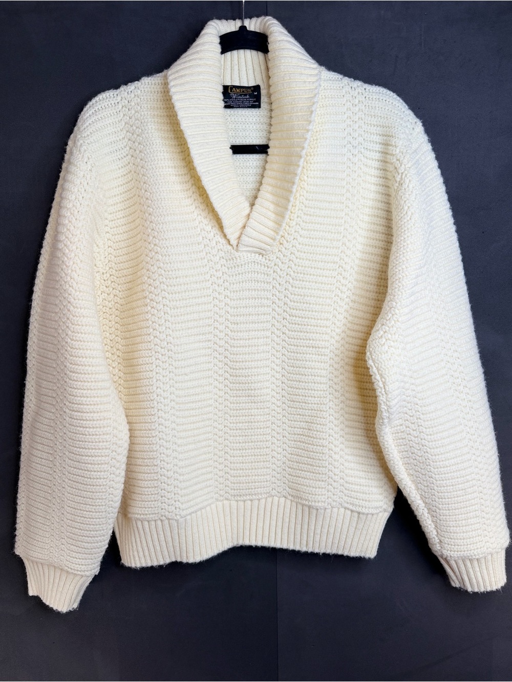 Vintage Campus Beige Acrylic Cable Knit Cardigan Sweater Adult Medium Fisherman